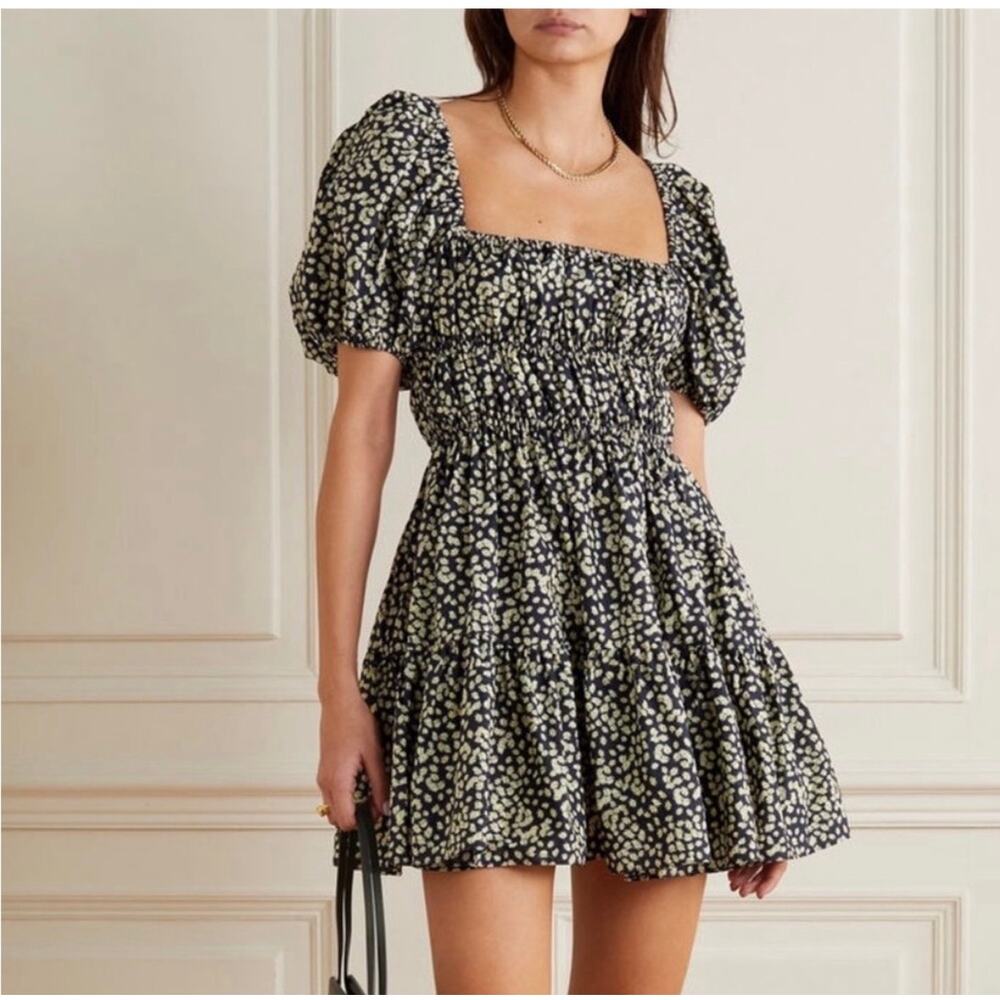 Matteau Shirred Peasant Puff Sleeve Mini Dress Midnight Daisy Cotton Size 2 US